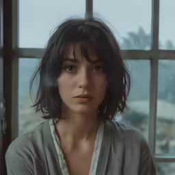 a woman looking at the camera with the rain coming through