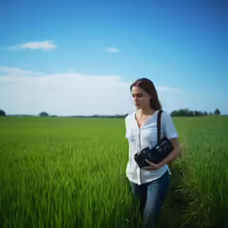 a young woman holding a camera while standing in a field