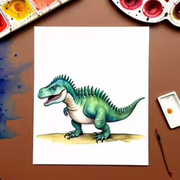 some watercolor paints are being used on the table to make this dino illustration