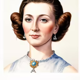 this image shows the painting of an elderly woman wearing pearls and a blue dress