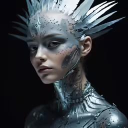 a woman with silver face paint and silver feathers