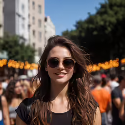 a woman wearing sunglasses in the middle of a crowded city