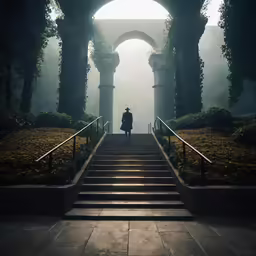 there is a person standing at the end of stairs