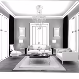 an open living room with couches, tables, and chandelier
