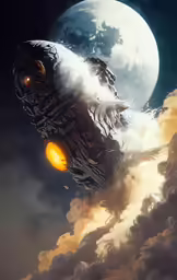 a painting of a space rocket with an eye on it in the sky