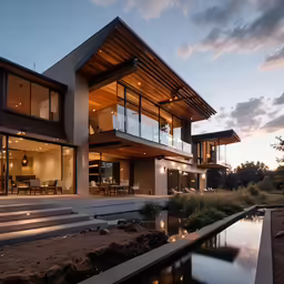 modern home at dusk from across the river