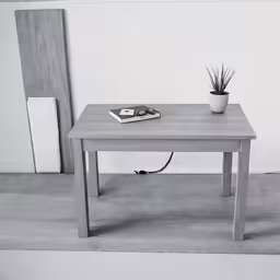 the small table is sitting next to the plant