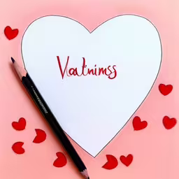 a heart with the word vatams spelled in red lettering on a card,a pen with a heart and the word valentine on it,a heart with the word vitamins written on it and a pen,a valentines heart with a pen and a card,a heart on top of a note with a pencil