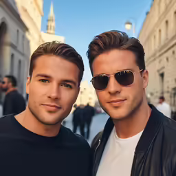 two men wearing sunglasses pose for the camera