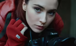a woman holding her camera while looking off to the side