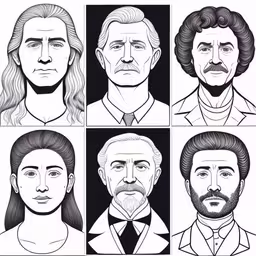 an illustration of several men with long hair, beards and long hair,an image of different faces from people,a set of six black and white portraits of actors,various portrait types and facial expressions of the people in the style of classical portraits,a series of portraits depicting various people