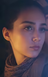 a woman is staring while she has her nose to the right