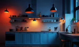 the cabinets are lit up in this dim lighting kitchen