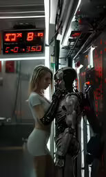 a girl with a robot standing next to her
