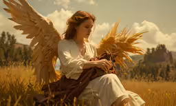 a woman in an angel dress is sitting on a field