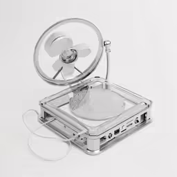 an object with a fan is sitting in a plastic case
