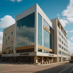 a view of a building with cars parked outside