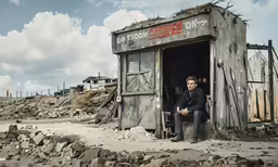 a man sits in an out house on rocks