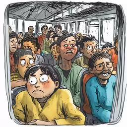 the crowded subway car is depicted with an over head image