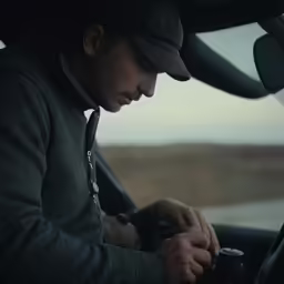 a man looks at his phone in his car