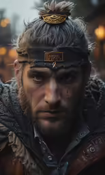 a man with a messy, gray beard has a cap on his head