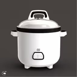 a white slow cooker with black trim