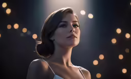 the woman is posing for a photograph in front of some lights
