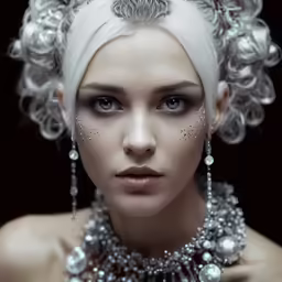 the woman has pearls in her hair and a large necklace