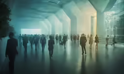 many people walk through a very large building