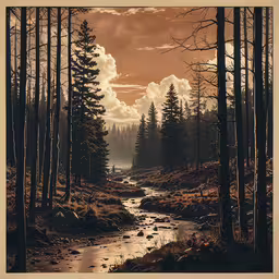 a river running through a forest next to tall trees,a river flowing between two forest like hills