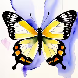 the butterfly is painted with watercolor and is yellow,a painting of a yellow and black butterfly,a yellow and black butterfly on a purple and white background,a watercolor painting of a yellow and black butterfly on a white background,watercolor painting of a monarch butterfly on a purple background