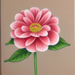 a flower with green leaves in a room,this is a picture of a large flower,a pink flower on top of a white wall,a large red flower with green leaves painted on to the side,a flower is painted on the wall with green leaves