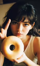 the girl is posing with her hand on a doughnut