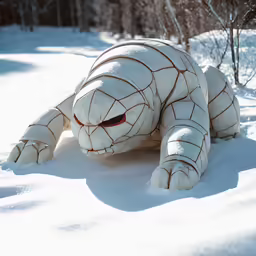 white plastic model of a crocodile on snow