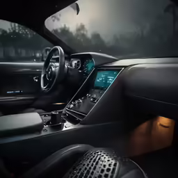 an interior of a luxury car on a street at night