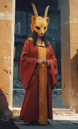 woman dressed in animal mask in doorway with stone structure