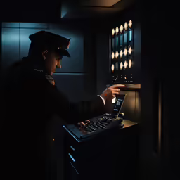 a man in uniform operating a computer at night