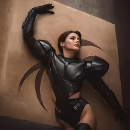 a woman wearing black leather is posed on a ledge