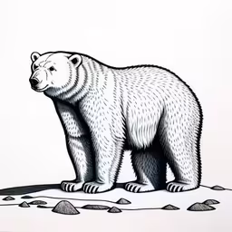 this drawing depicts a large bear standing on the ground,a polar bear is standing in the middle of some rocks