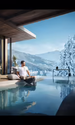 a man sitting on an outdoor pool side