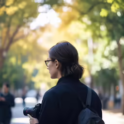 a woman is walking down the sidewalk with a camera