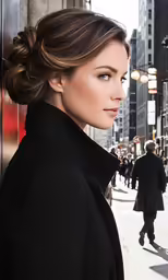a woman in black suit and coat on city street