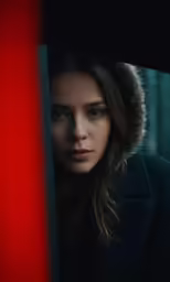 a woman is looking through a window in the dark