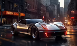 the silver sports car is driving on a city street