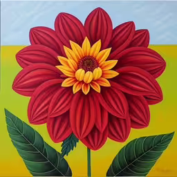 an image of a painting of a red flower,a large red flower is painted on a green field,a painting of a flower on a yellow background,a painting of a large red flower,a painting with a big red flower and some green leaves