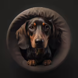 a dog looks from inside a small gray bowl