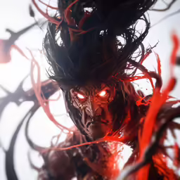 a creepy looking figure with red eyes with dark hair