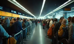 people standing in line near a terminal for luggage