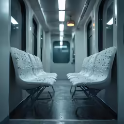 two white chairs sitting in a train corridor