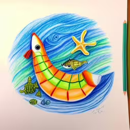 a drawing of a fish swimming in a pool and starfish,a drawing is on a white paper with green and yellow accents
